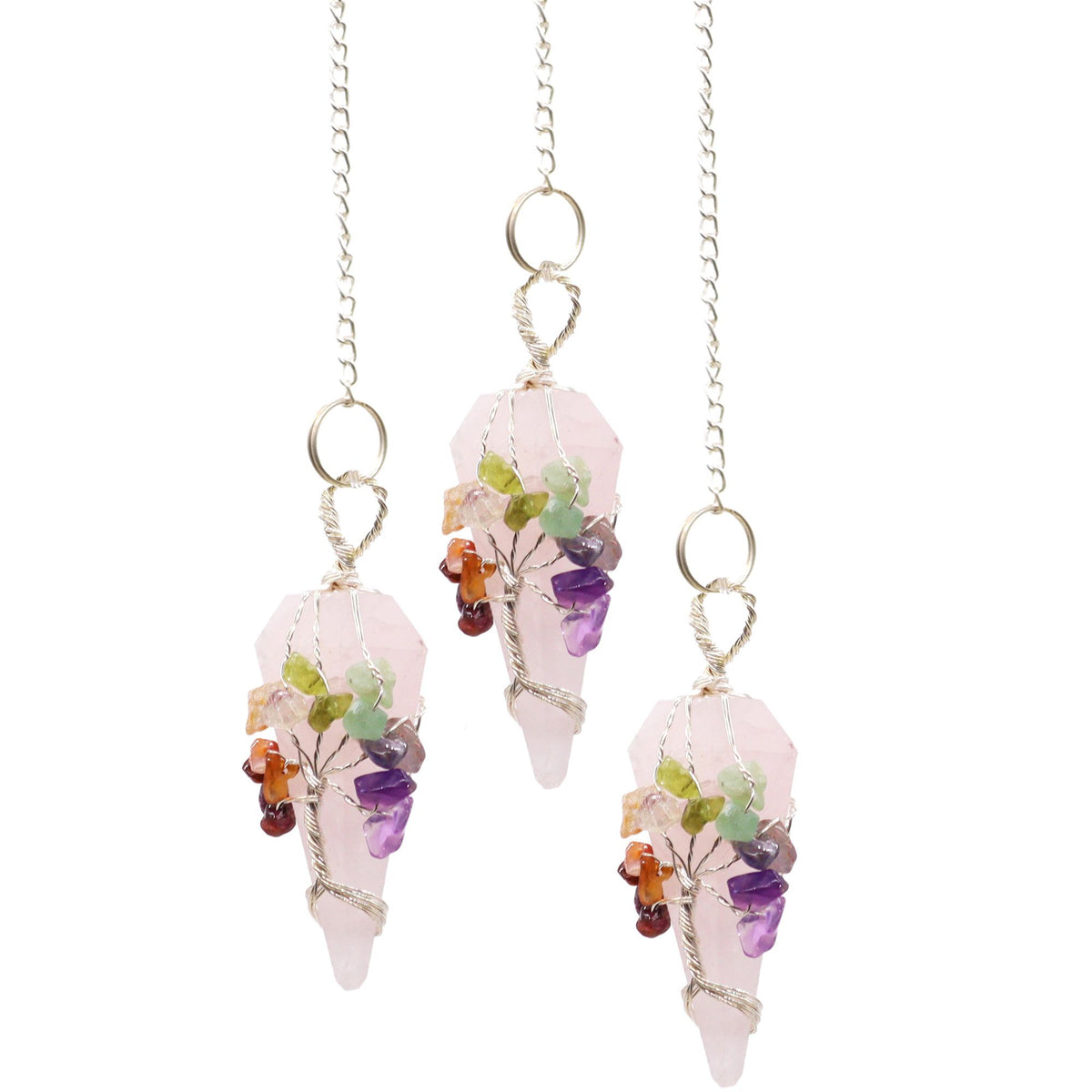 Rose Quartz Seven Chakra Crystal Pendulum – Tree of Life