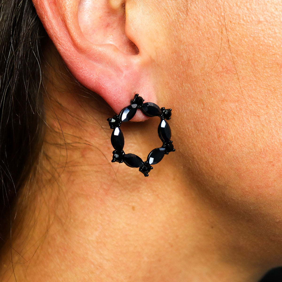 Jet Black Glass Loop Earrings – Stainless Steel Gothic Jewellery