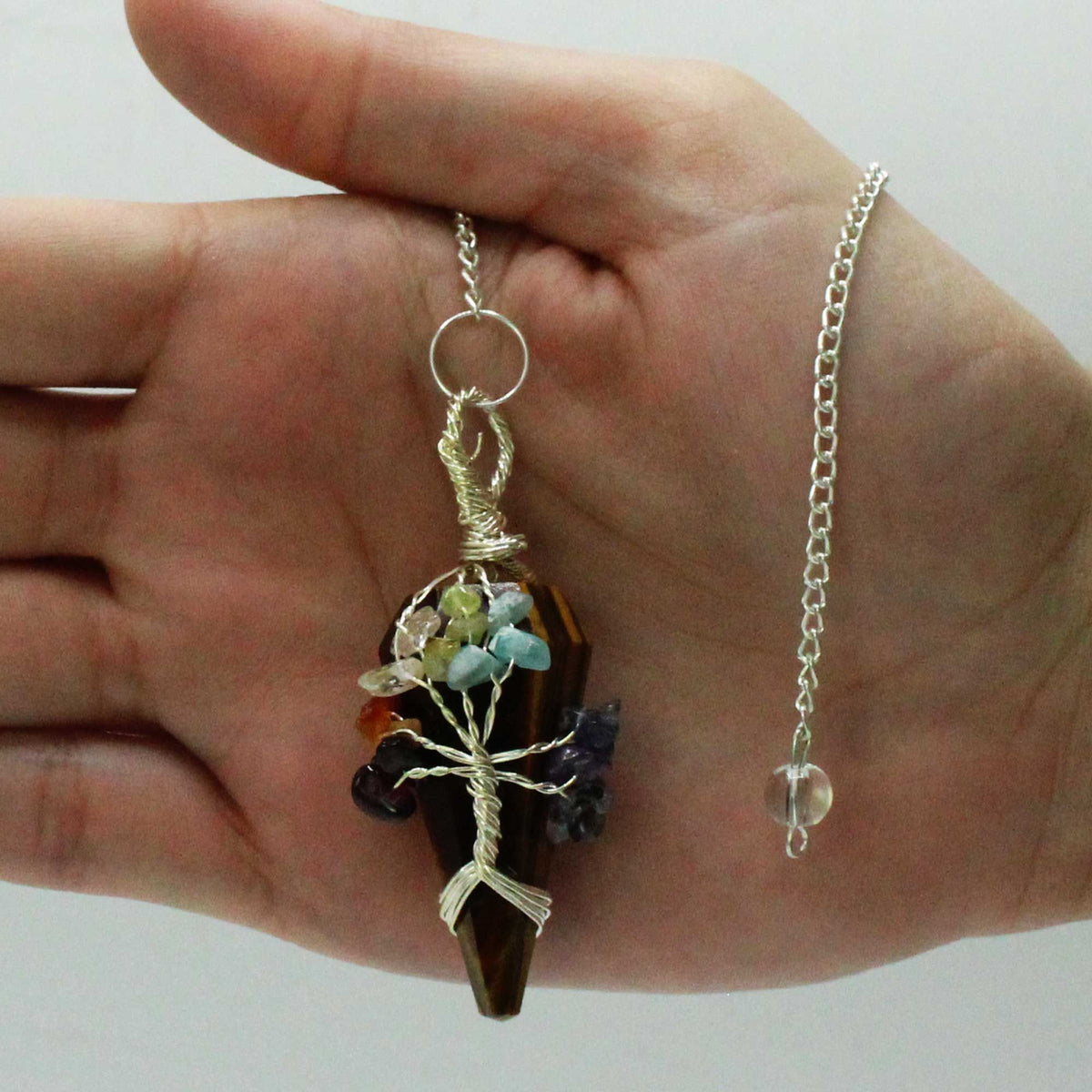 Tiger’s Eye Seven Chakra Crystal Pendulum – Tree of Life
