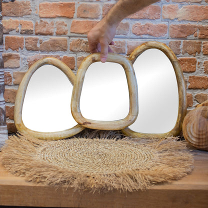 Set of 3 Pebble Wall Mirrors – Natural Wood Frames