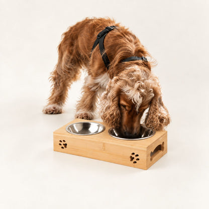PAW Double Stainless Steel Pet Bowls with Wooden Stand – 2 × 12cm