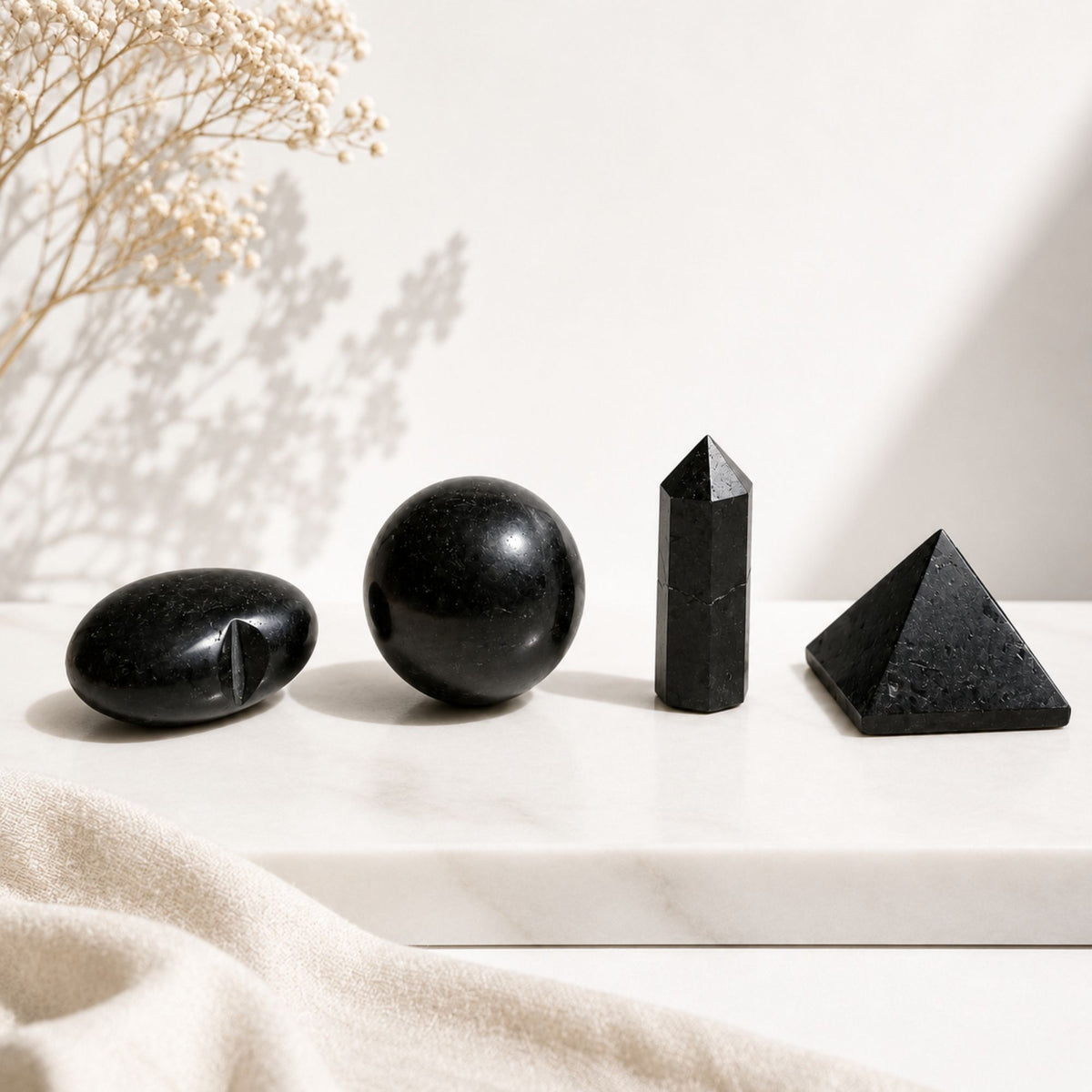 Black Tourmaline Crystal Set – 4 Gemstone Shapes for Protection & Grounding