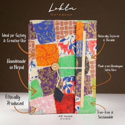 Handmade Lokta Notebook – Colourful Patchwork Journal 21 × 15cm