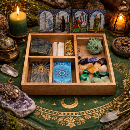 Mango Wood Tarot Storage Box with Card Holder – Four Sections