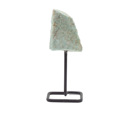 Raw Amazonite Mineral Specimen on Black Metal Stand