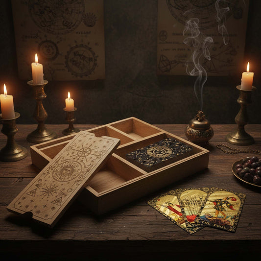 Wooden Tarot Card Storage Box with Card Holder – 4 Compartments