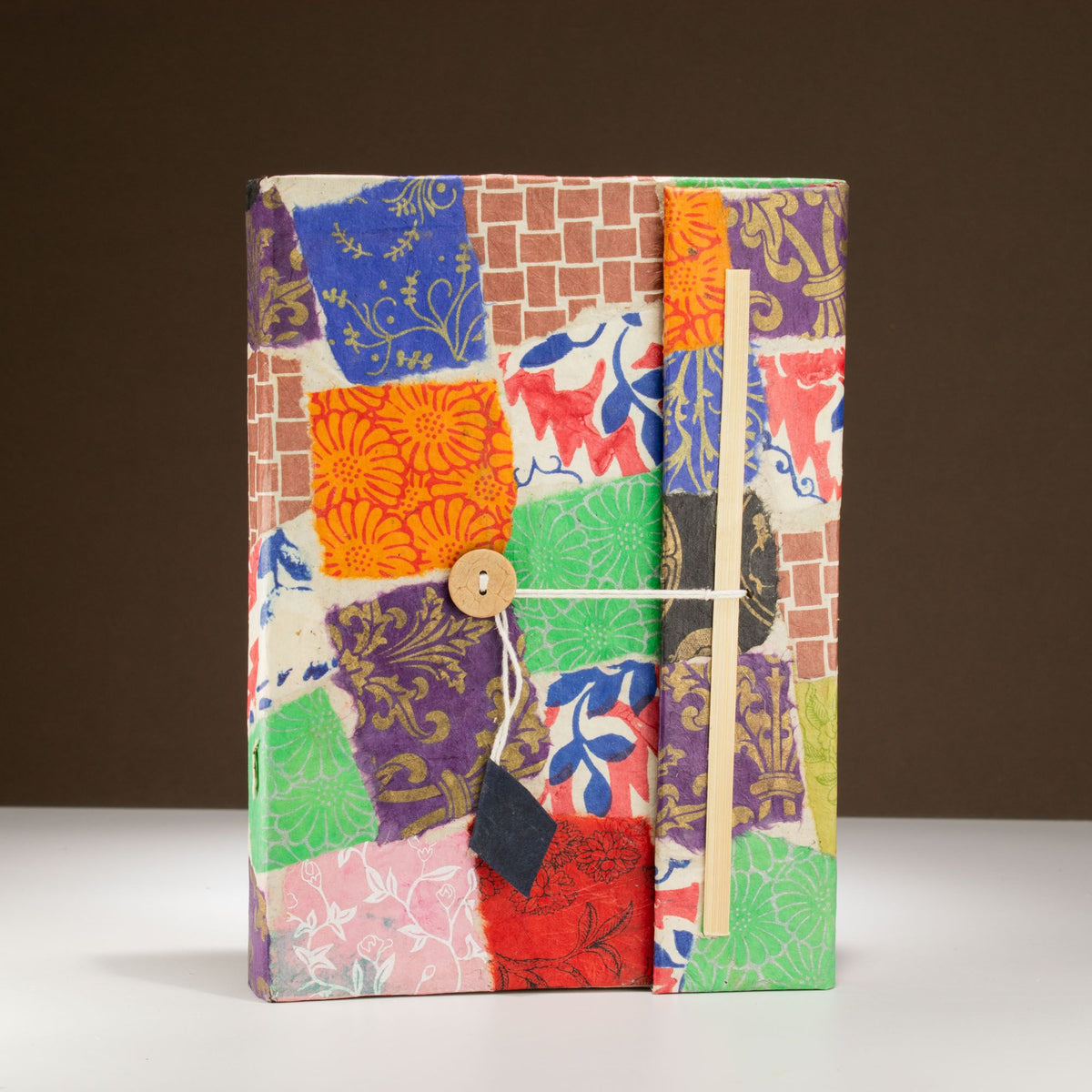 Handmade Lokta Notebook – Colourful Patchwork Journal 21 × 15cm