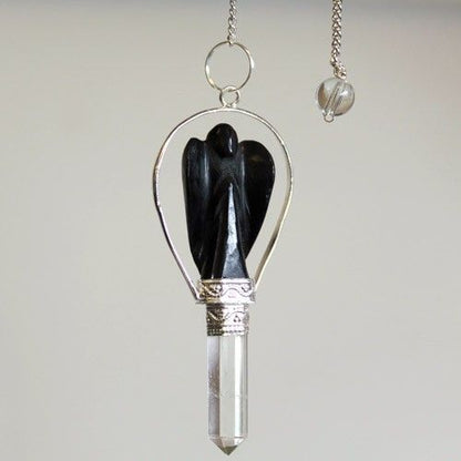 Black Agate Angel Crystal Pendulum – Silver-Tone Frame