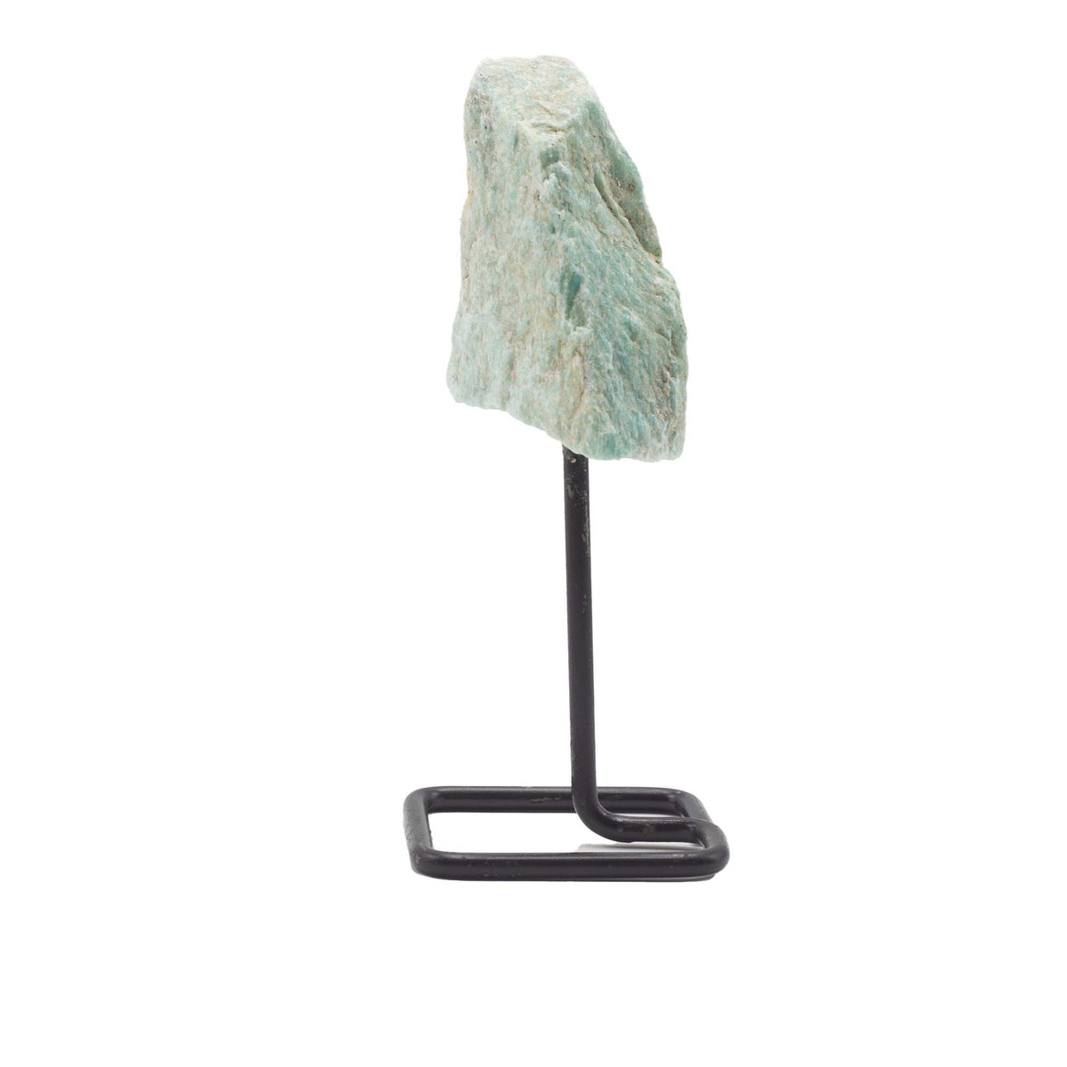 Raw Amazonite Mineral Specimen on Black Metal Stand
