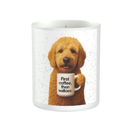 First Coffee, Then Walkies 200g White candle ‘Sandy Bay'