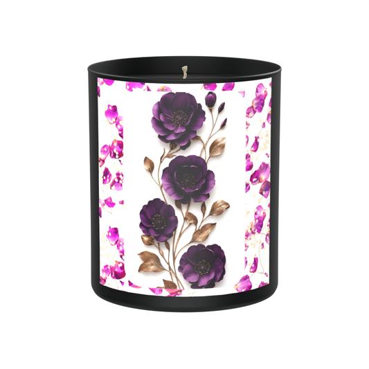 Purple and Gold Flower Design 200g Black Candle ‘Dark Noir’
