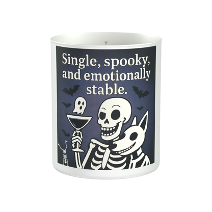 Single, Spooky & Emotionally Stable Skeleton 200g White candle ‘Sandy Bay'