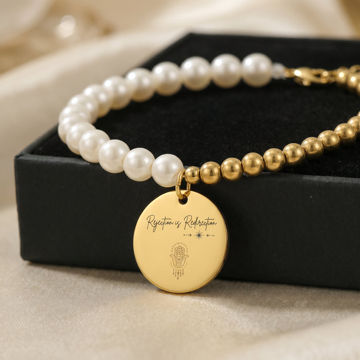 Rejection is Redirection Pearl Bracelet | Spiritual Gold Bracelet