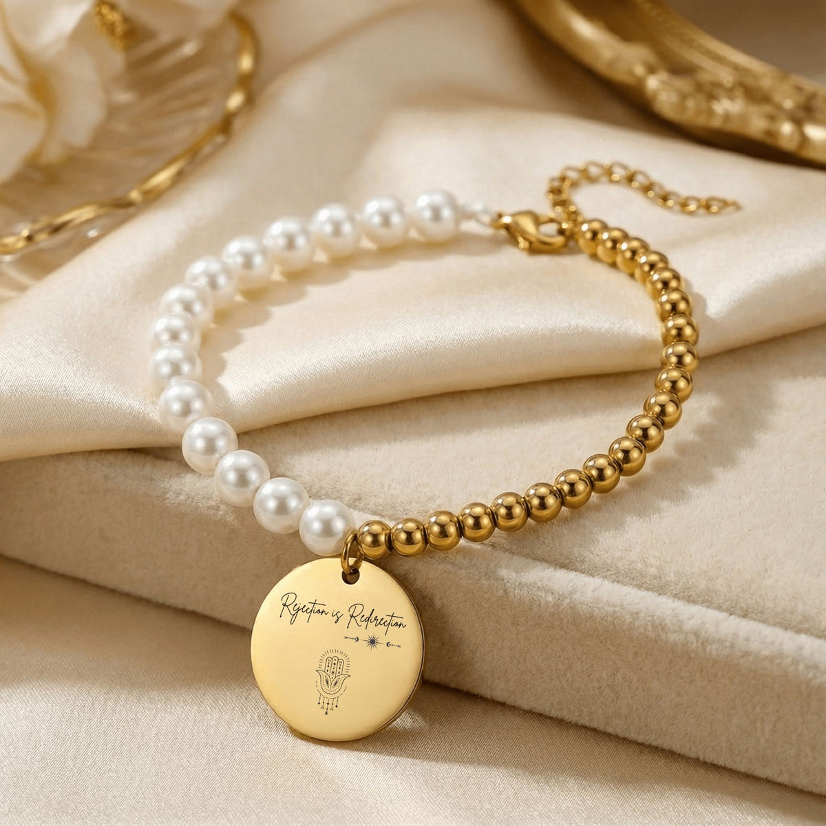 Rejection is Redirection Pearl Bracelet | Spiritual Gold Bracelet
