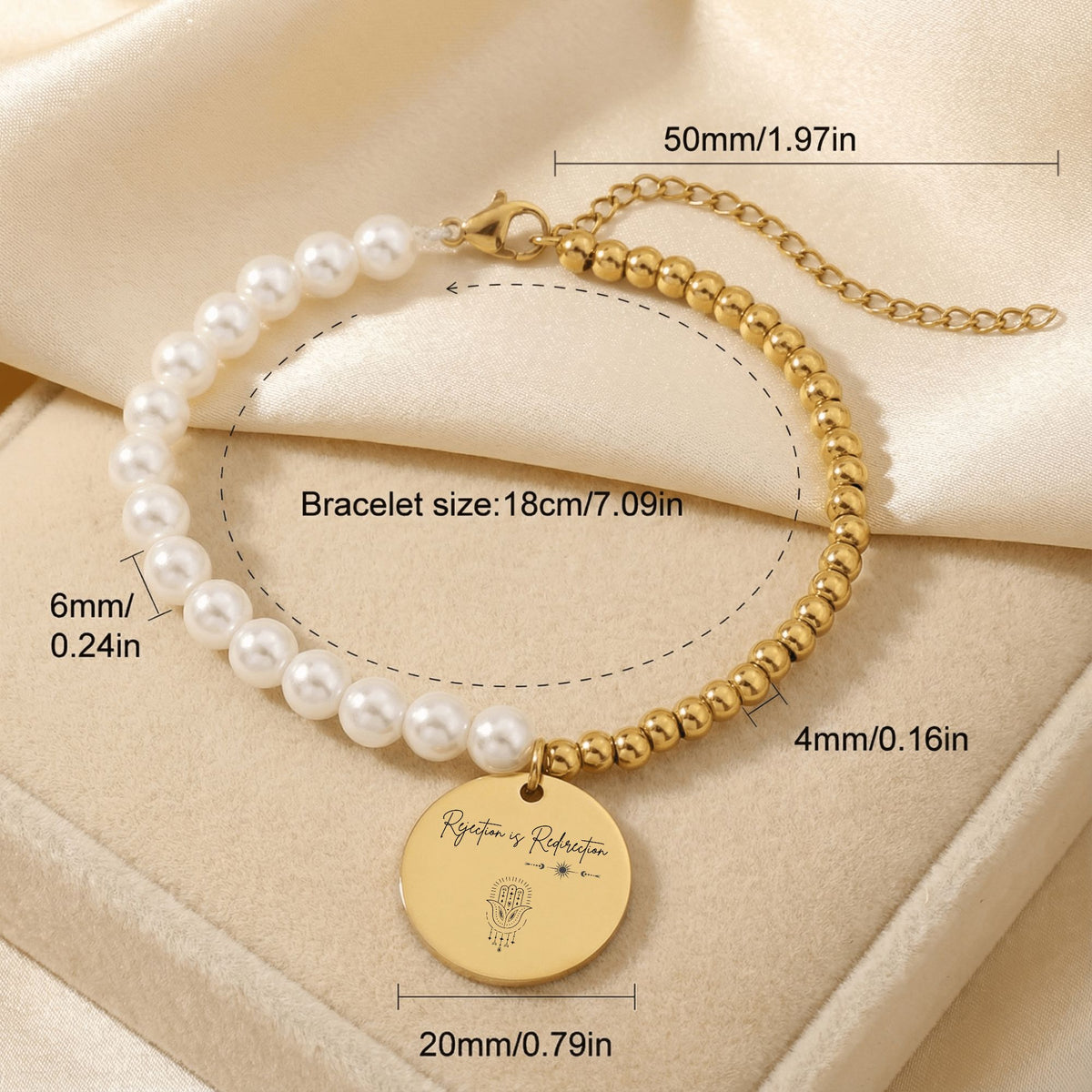 Rejection is Redirection Pearl Bracelet | Spiritual Gold Bracelet