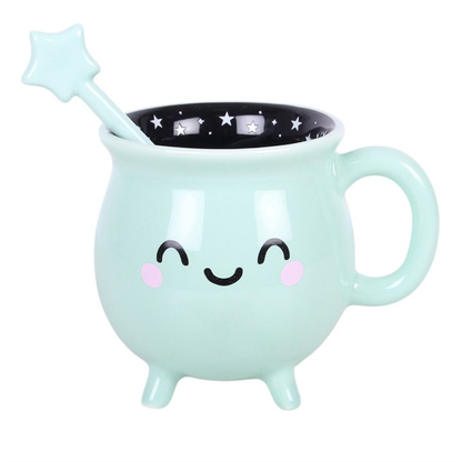 Mint Green Cauldron Mug with Wand Stirrer – Witchy Mug 400ml