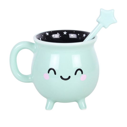 Mint Green Cauldron Mug with Wand Stirrer – Witchy Mug 400ml