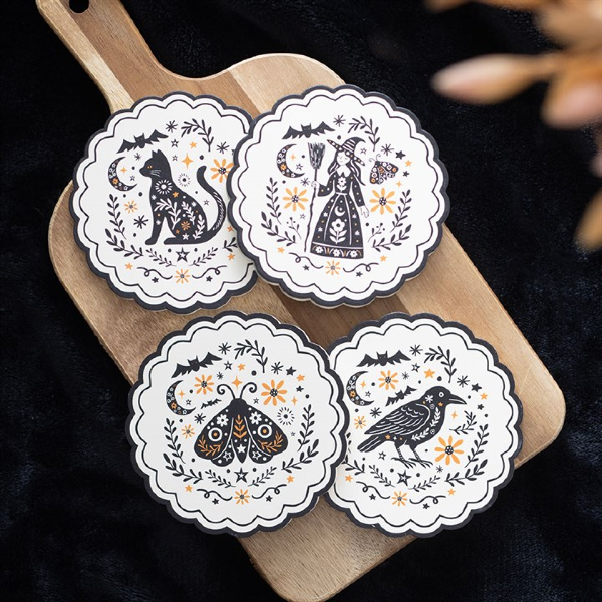 Witchy Folk Art Coaster Set – Black Cat, Raven & Moth