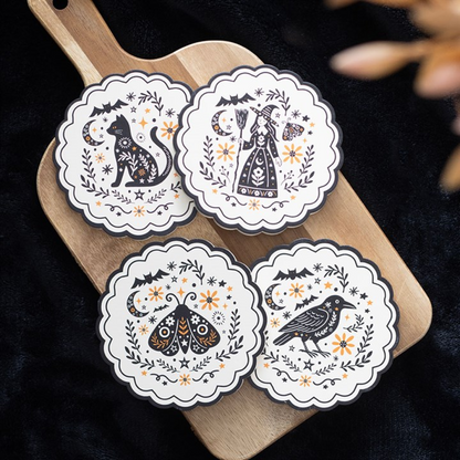 Witchy Folk Art Coaster Set – Black Cat, Raven & Moth
