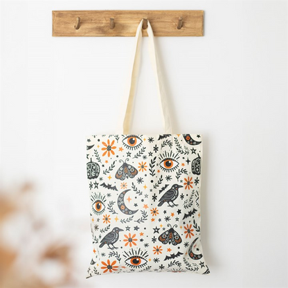 Witchy Celestial Print Tote Bag – Raven, Moth & Moon