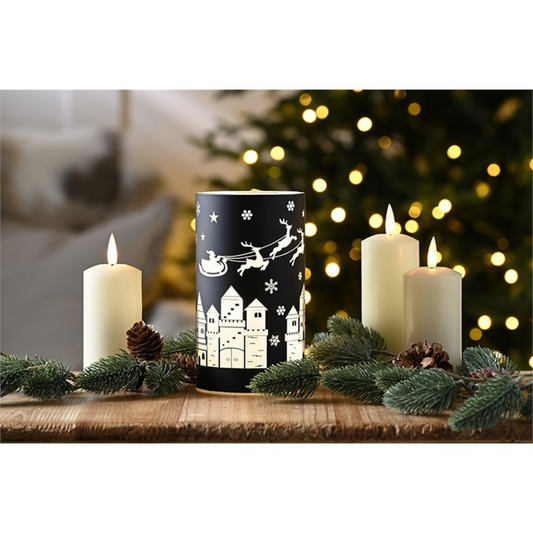 Black Glass Christmas Tealight Holder with Sleigh Scene